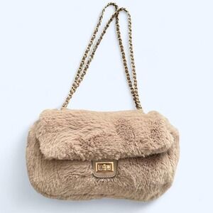 Expressions NYC Women's Beige Vegan Fur Flap Bag Classy Shoulder or Crossbody